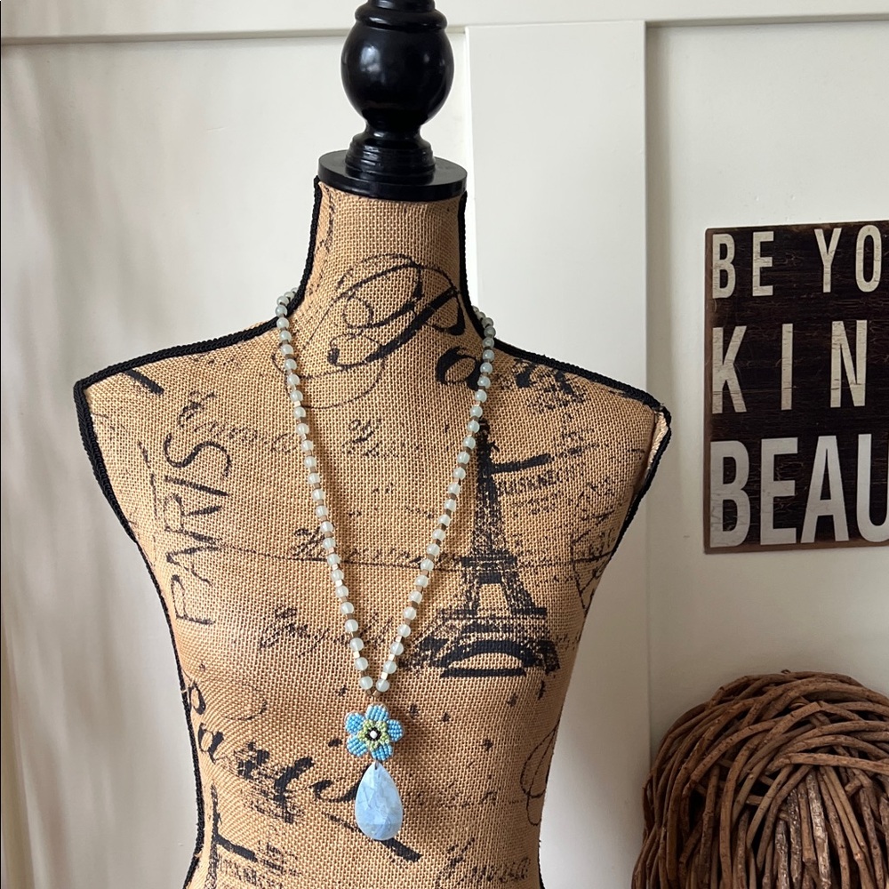 Elegant Mint Green Beaded Necklace with Blue Flower and Teardrop Pendant